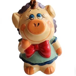 Vintage Enesco 80's Girl Ceramic Piggy Bank Hand Painted 6.75 x 4.5 inches